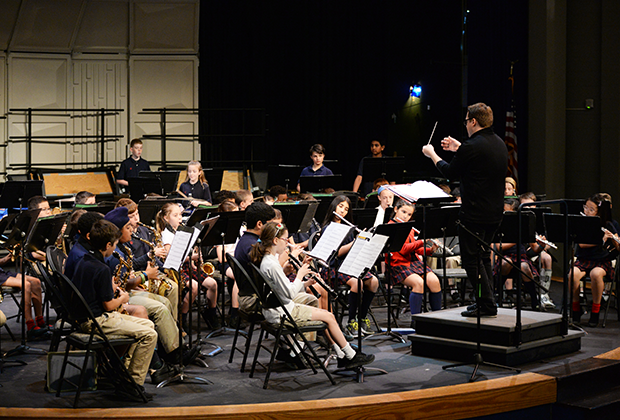 Students from private elementary school in Pennsylvania play at a band concert